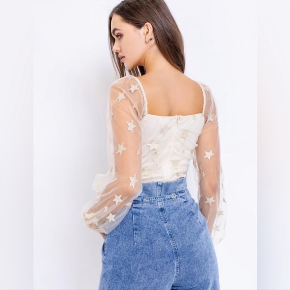 Le Lis Shining Star Mesh Bodysuit Quarter Length Sleeves Sheer Cream Champagne